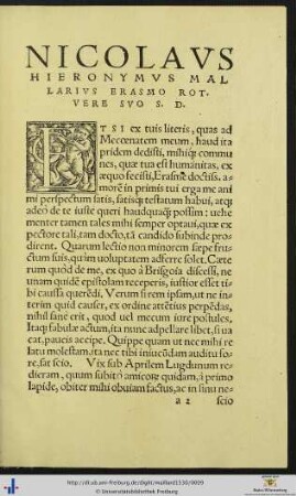 Nicolaus Hieronymus Mallarius Erasmo Rot. Vere Suo Salutem Dicit