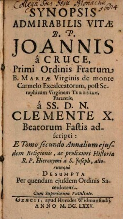 Synopsis admirabilis vitae Joannis a Cruce