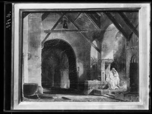 Klosterinneres mit ausruhendem Mönch