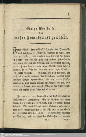 Einige Vortheile, die wahre Freundschaft gewährt