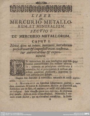 LIBER DE MERCURIO METALLORUM, ET MINERALIUM.