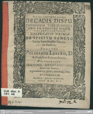 1: De spiritu sancto tertia sacrosanctae trinita persona