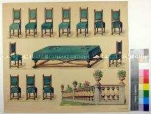 Ausschneidebogen für einen Tisch mit grünem Tuch, Stühle und eine Balustrade aus Balustern