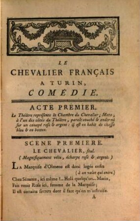 Le Chevalier Français À Turin : Comédie, En Trois Actes Et En Vers, Représentée à la fin de Novembre, par les Comédiens François