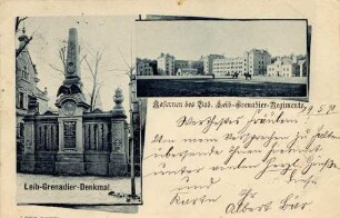 Postkartenalbum mit Motiven von Karlsruhe. "Leib-Grenadier-Denkmal. Kasernen des Badischen Leib-Grenadier-Regiments". Denkmal und Kasernen an der Moltkestraße