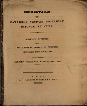 Commentatio de catarrhi vesica urinaria diagnosi et cura : Diss. inaug.