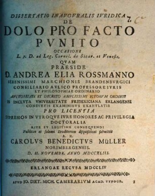 Dissertatio Inavgvralis Ivridica De Dolo Pro Facto Pvnito : Occasione L. 7. D. ad Leg. Cornel. de Sicar. et Venefic.