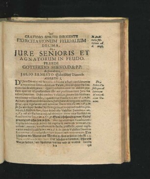 Exercitationum Feudalium Decima. De Iure Seniris Et Agnatorum In Feudo. Respondente Julio Ernesto Schrödter.