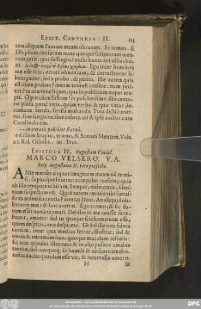 Epistola IV. Augustam Vindel. Marco Velsero. V. A. Reip. Augustanae II. viro praefecto.