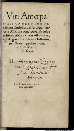 Ad Andream Alciatum epistola de furto per lanceam et licium concepto