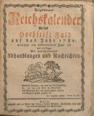 1782: Allgemeiner Reichskalender für das Hochstift Fulda