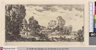 [Ein Weg entlang von Felsen; A road along rocks, wooden bridge in centre]