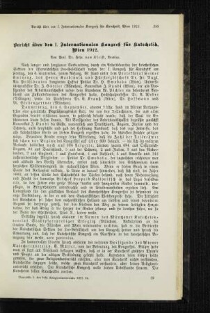 Bericht über den I. Internationalen Kongreß für Katechetik, Wien 1912