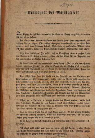 Einwohner des Mainkreises! : Die allgemeine Landesbewaffnung betreffend