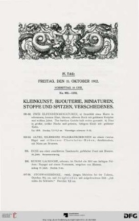 Kleinkunst, Bijouterie, Miniaturen, Stoffe und Spitzen, Verschiedenes (Nr. 991-1192)