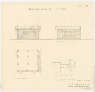 Reichswerke, Braunschweig-Salzgitter: Gleichrichterzentrale: Ansichten, Grundriss 1:100, Gesimsdetail 1:20