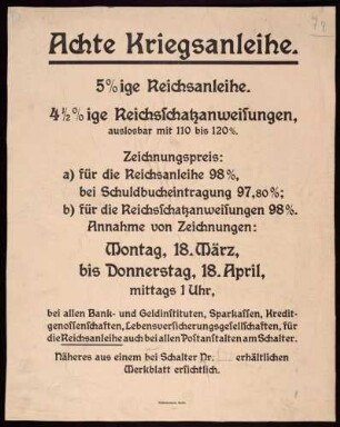 "Achte Kriegsanleihe." Hinweise mit Zeichnungsbedingungen
