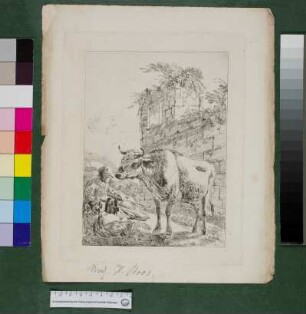 Hirtin mit Kuh und Ziegen vor Ruine