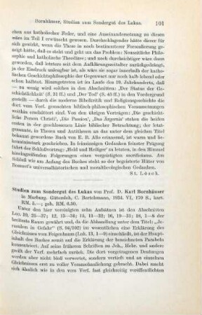 101-102 [Rezension] Bornhäuser, Karl, Studien zum Sondergut des Lukas