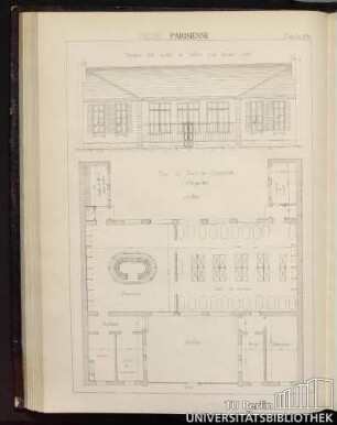 Planche No. 31 Crèche Parisienne. Élévation d'un modèle de crèche pour terrain carré, Plan de Rez-de-Chaussée Préau