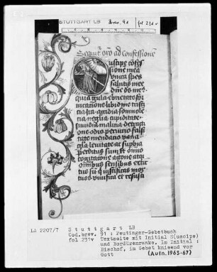 Gebetbuch des Konrad Peutinger — Initiale S (uscipe), darin kniet ein Bischof betend vor Gott, Folio 231verso