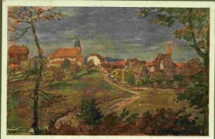 farbiges Landschaftsgemälde mit Dorfansicht und Kirchtürmen