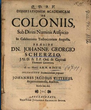 Dissertationem Academicam De Coloniis