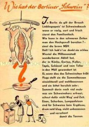 Illustriertes Flugblatt mit Werbung für die Sammlung von Küchenabfällen zur Schweinefütterung