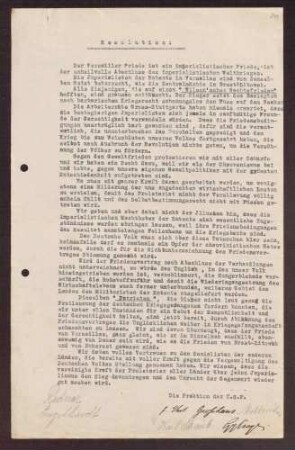 Resolution der U.S.P. zum Friedensvertrag