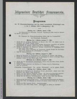 Programm des ADF zur 20. Generalversammlung 1899 in Königsberg
