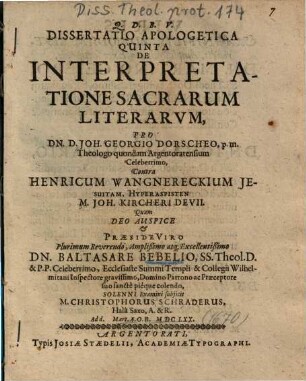 Dissertatio Apologetica Quinta De Interpretatione Sacrarum Literarvm