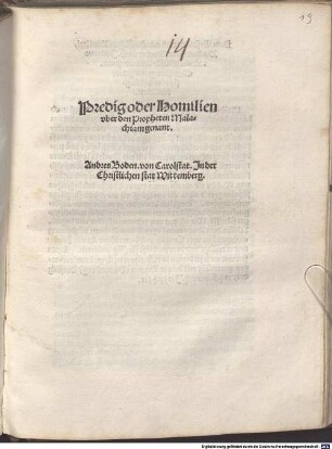 Predig oder Homilien vber den Propheten Malachiam genant