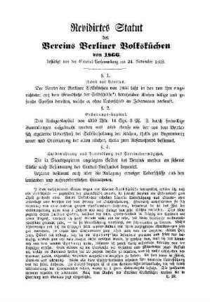 Revidirtes Statut des Vereins Berliner Volksküchen von 1866