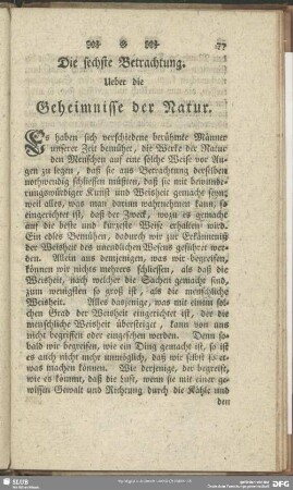 Die sechste Betrachtung. Ueber die Geheimnisse der Natur