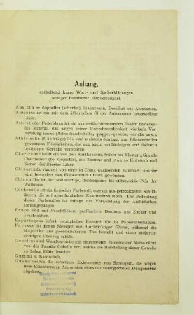 Anhang, enthaltend kurze Wort- und Sacherklärungen weniger bekannter Handelsartikel