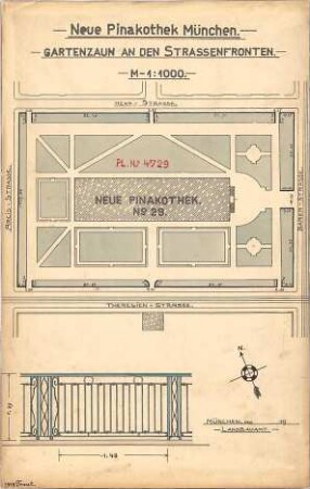 Voit, August von; München; Neue Pinakothek - Gartenzaun (Lageplan, Teilansicht)