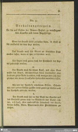 No. 3. Verhaltungsregeln für die auf Kosten der Armen-Anstalt zu verpfelgenden Kranken und deren Angehörige