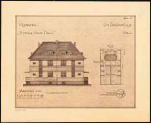 Zweifamilienhaus Monatskonkurrenz Februar 1930: Lageplan 1:500; Aufriss Gartenansicht 1:100; Maßstabsleiste