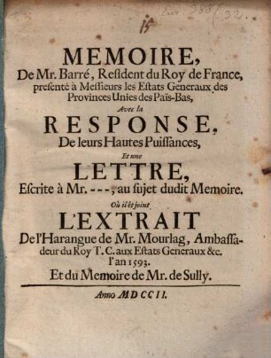 Mémoire de M[onsieu]r Barré : presenté a Ms. les Etats generaux ... avec la Reponse