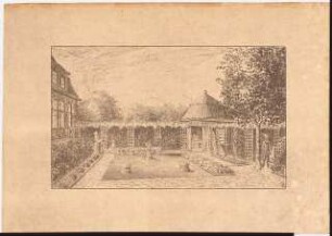 Unzugeordnete Garten- und Parkanlagen: Garten mit Pavillon und Pergola: Perspektivische Ansicht