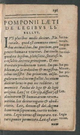 Pomponii Laeti De Legibus Libellus
