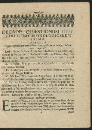 Decadis Queastionum Illustriorum Chronologicarum Primae.