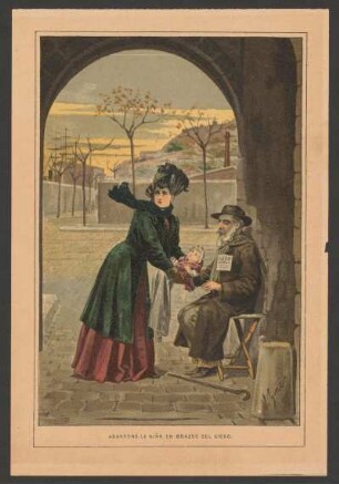 Abandonó la niña en brazos del ciego. - [Ilustración para el anuncio de la publicación de "¡Sin trabajo! ó El pan del obrero"]
