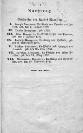 Nachtrag. Geschwister des Kaisers Napoleon.
