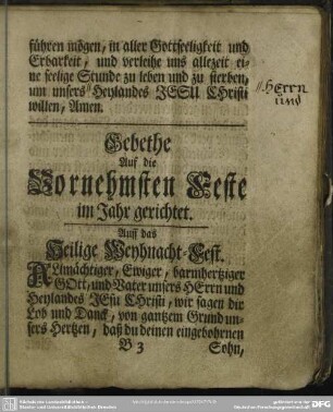 Gebethe Auf die Vornehmsten Feste im Jahr gerichtet