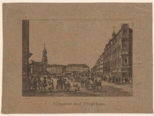 Der Altmarkt in Dresden aus der Schlossstraße nach Süden mit Blick in die Seestraße, links der Turm der Kreuzkirche, rechts die Löwenapotheke