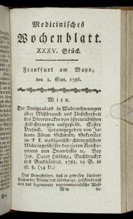 XXXV. Stück. Frankfurt am Mayn, den 2. Sept. 1786. - XXXIX. Stück. Frankfurt am Mayn, den 30. Sept. 1786.