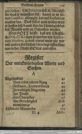 Register Der merckwürdigsten Worte und Sachen