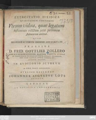 Exercitatio Ivridica Qvaestionem Continens Vtrum vidua, quae legatum testamento relictum petit portionem statutariam amittat