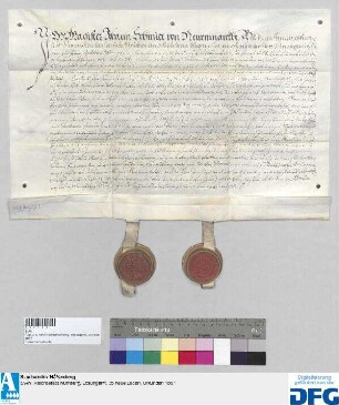 Magister Johann Schmidt von Neuenmarkht tritt auf vier Jahre als Syndikus in die Dienste der Stadt Nürnberg. - Siegler: Hieronymus Fetzer und Justinus Hardessheim.